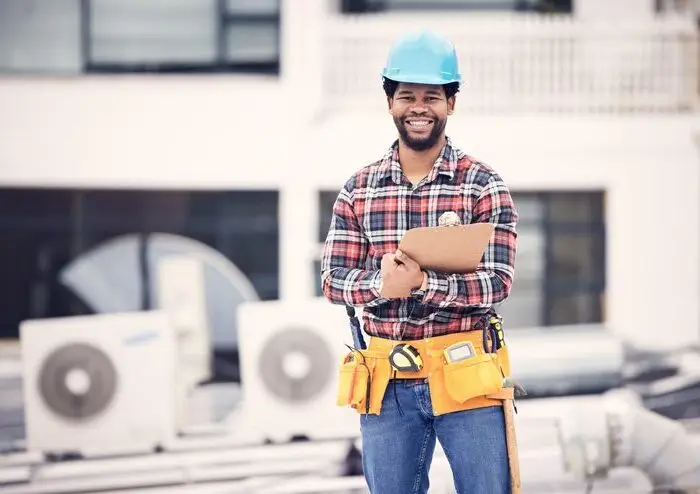 engineering-portrait-man-clipboard-air-conditioner-maintenance-inspection-technician-ac-repair-happy-african-person-handyman-electrician-electrical-checklist-rooftop-service-power-repair-team